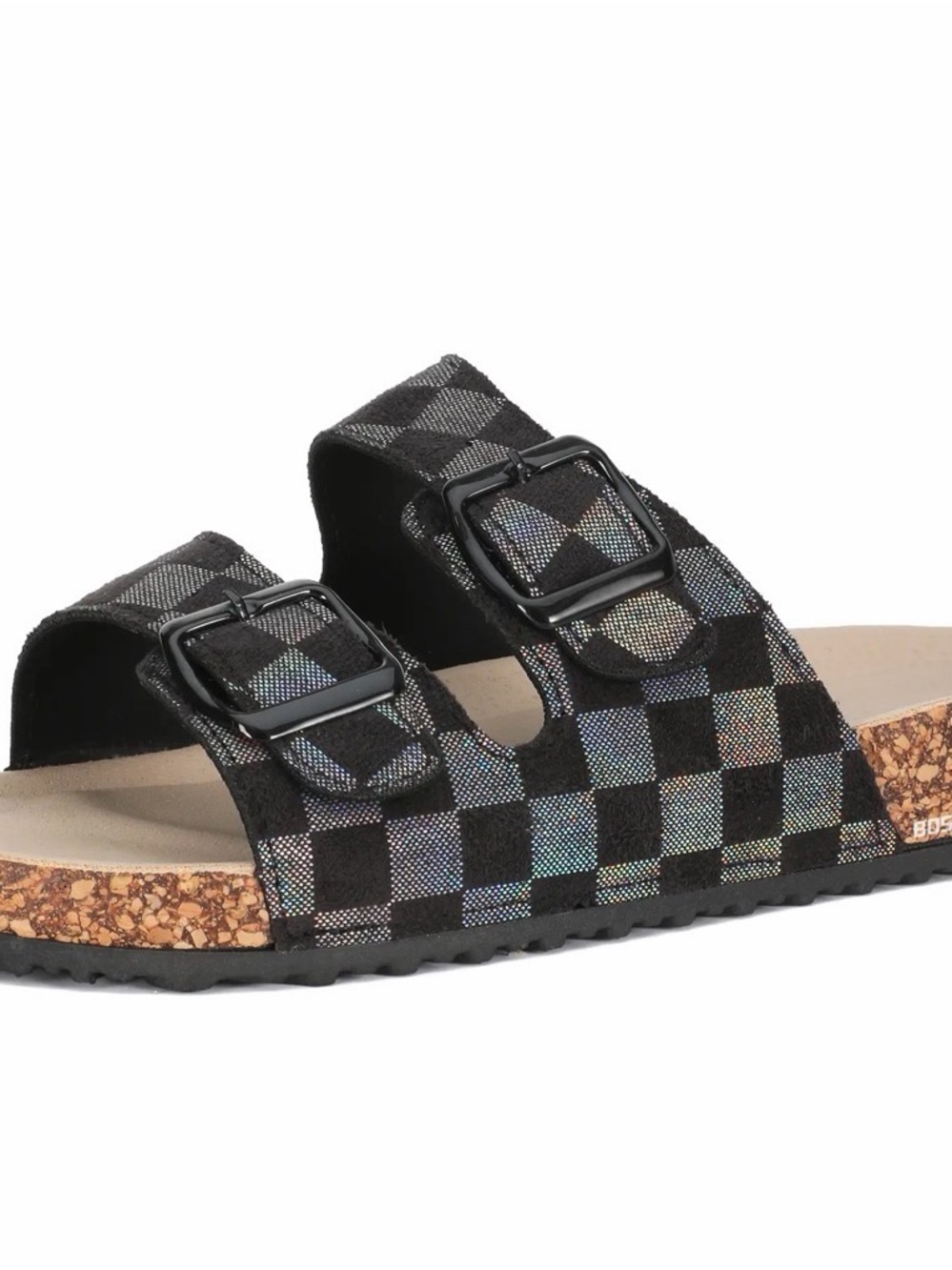 EUC Women's Black & Holographic Silver Check Buckle Slide Sandals size 9 - Picture 2 of 5